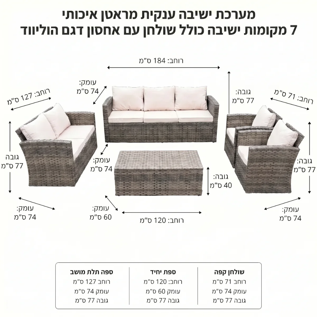 מערכת ישיבה ענקית מראטן איכותי 7 מקומות ישיבה כולל שולחן עם אחסון דגם הוליווד - Image 13